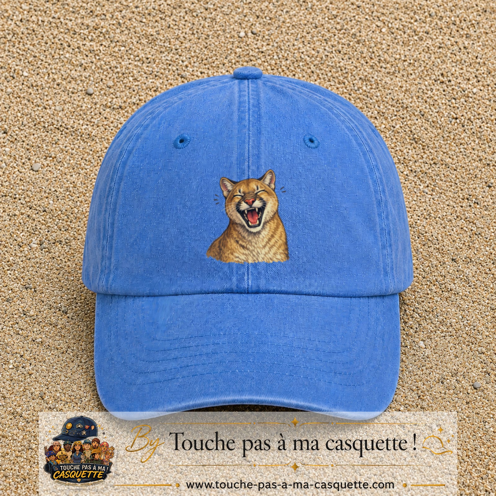 Casquette Bleu ciel délavé 100% coton avec motif Félin sauvage qui rit 7 cm - image principale