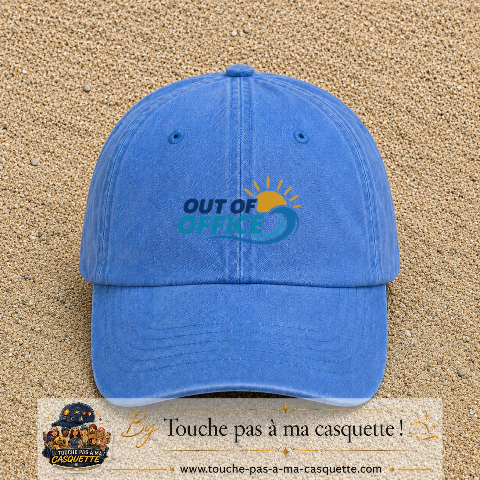 Casquette Bleu ciel délavé 100% coton avec motif Out of Office vague soleil 5 cm - image principale