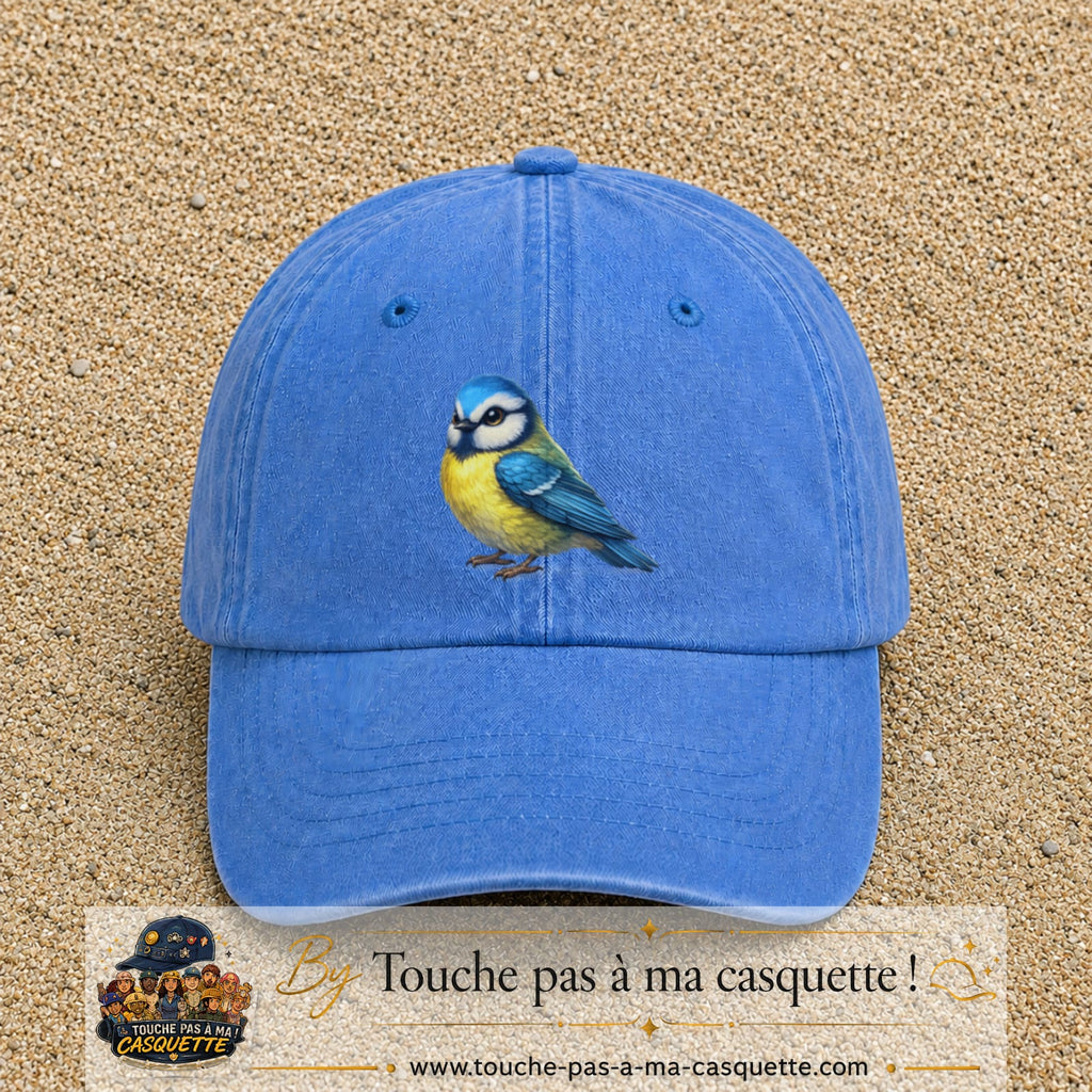 Casquette baseball Bleu ciel délavé 100% coton avec visuel Mésange bleue 7 cm - image produit principale