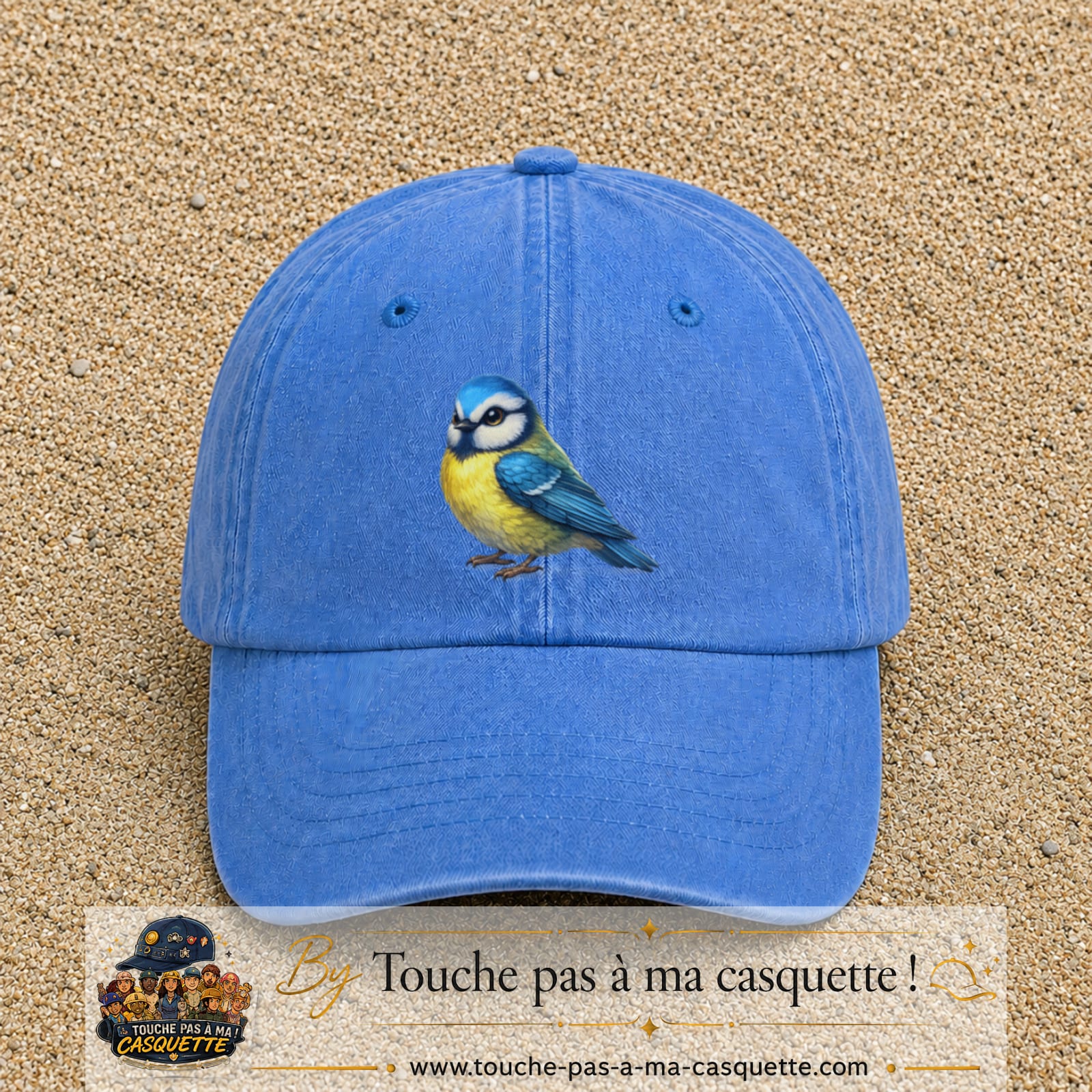 Casquette baseball Bleu ciel délavé 100% coton avec visuel Mésange bleue 7 cm - image produit principale