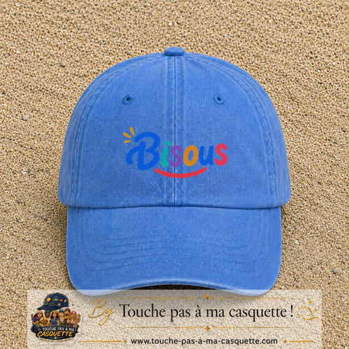 Casquette baseball Bleu ciel délavé 100% coton avec visuel Bisous coloré 5 cm - image produit principale