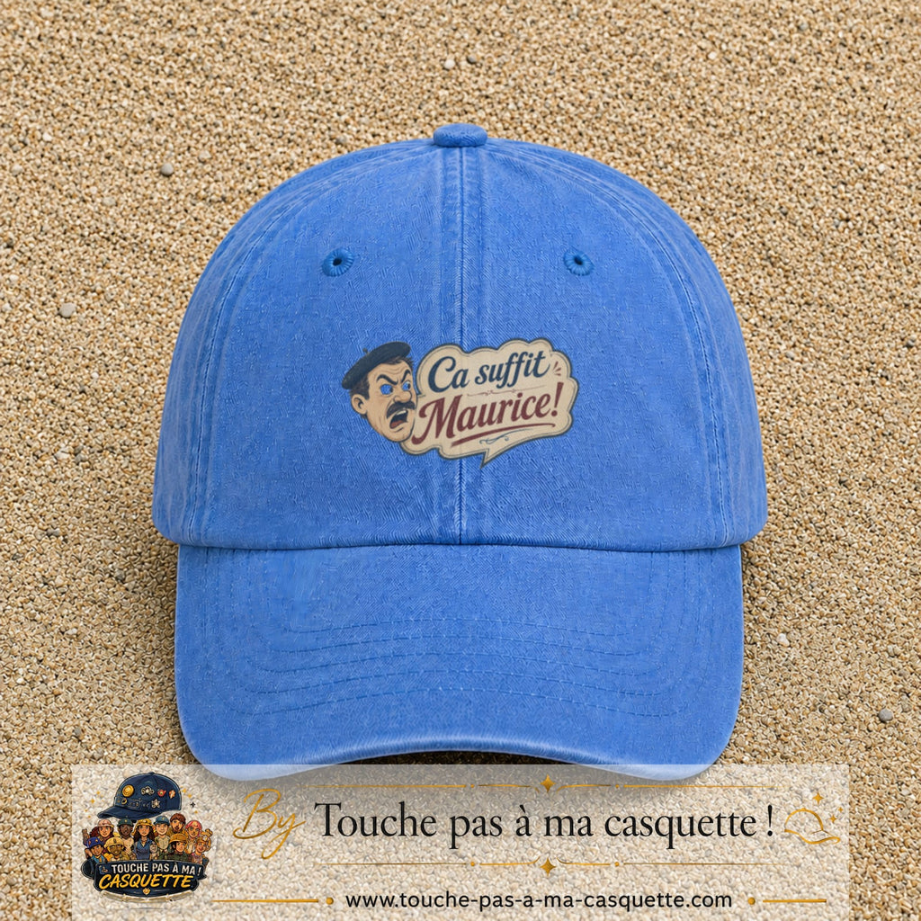 Casquette baseball Bleu ciel délavé 100% coton avec visuel Ça suffit Maurice avec personnage 5 cm - image produit principale