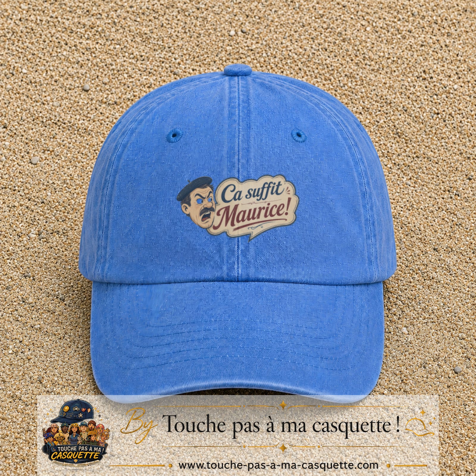 Casquette baseball Bleu ciel délavé 100% coton avec visuel Ça suffit Maurice avec personnage 5 cm - image produit principale