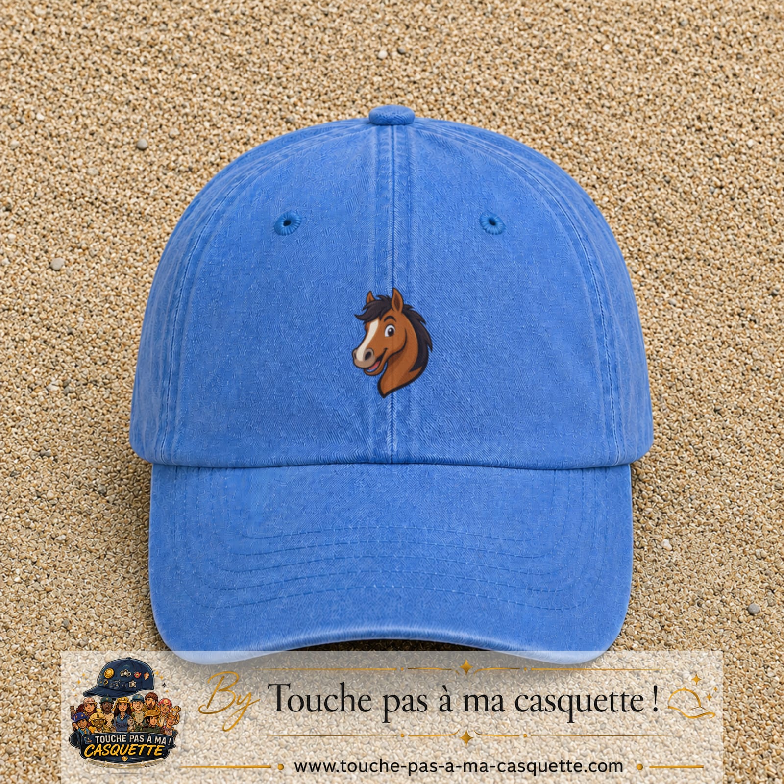 Casquette baseball Bleu ciel délavé 100% coton avec visuel Cheval souriant 5 cm - image produit principale