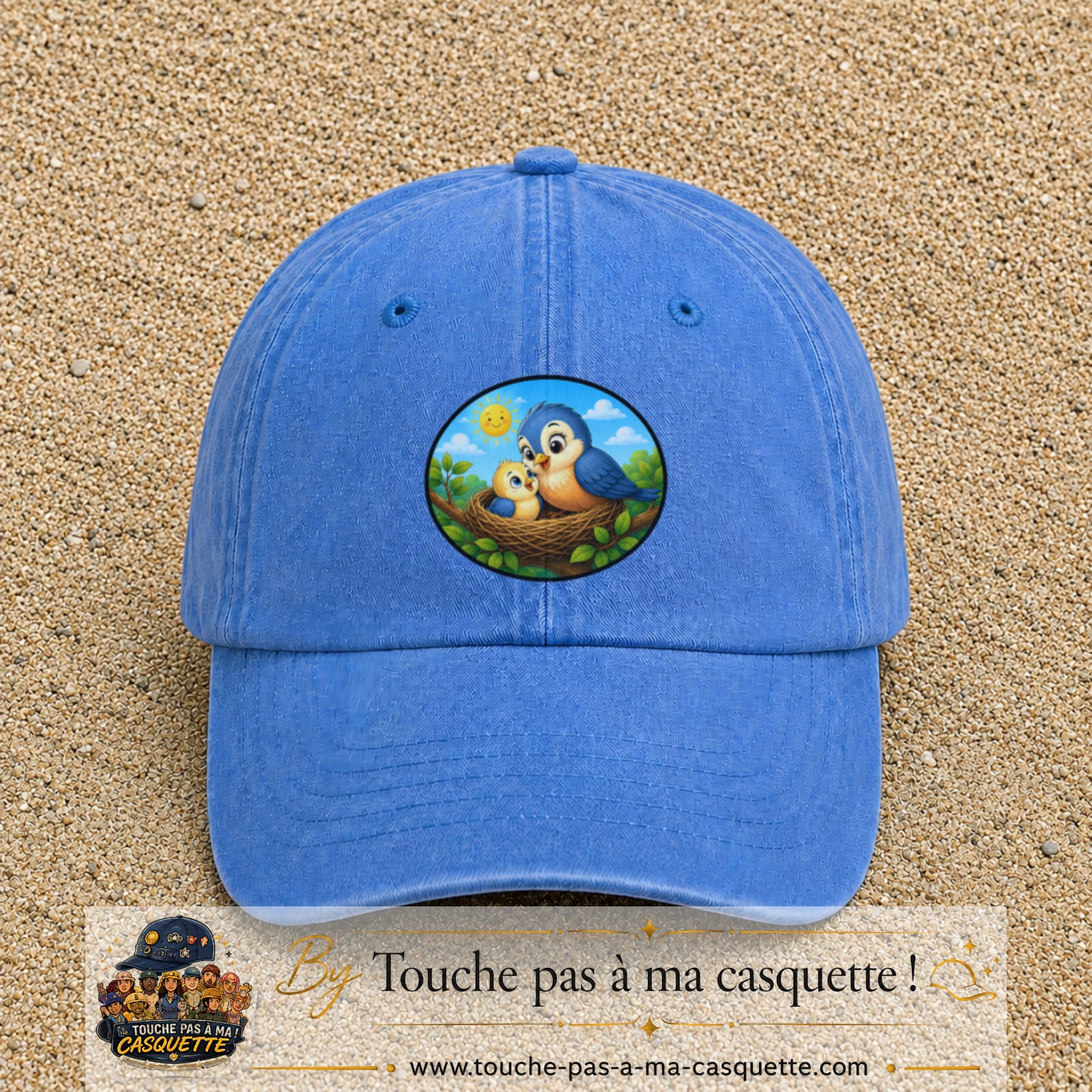 Casquette baseball Bleu ciel délavé 100% coton avec visuel Oiseaux au nid 7 cm - image produit principale
