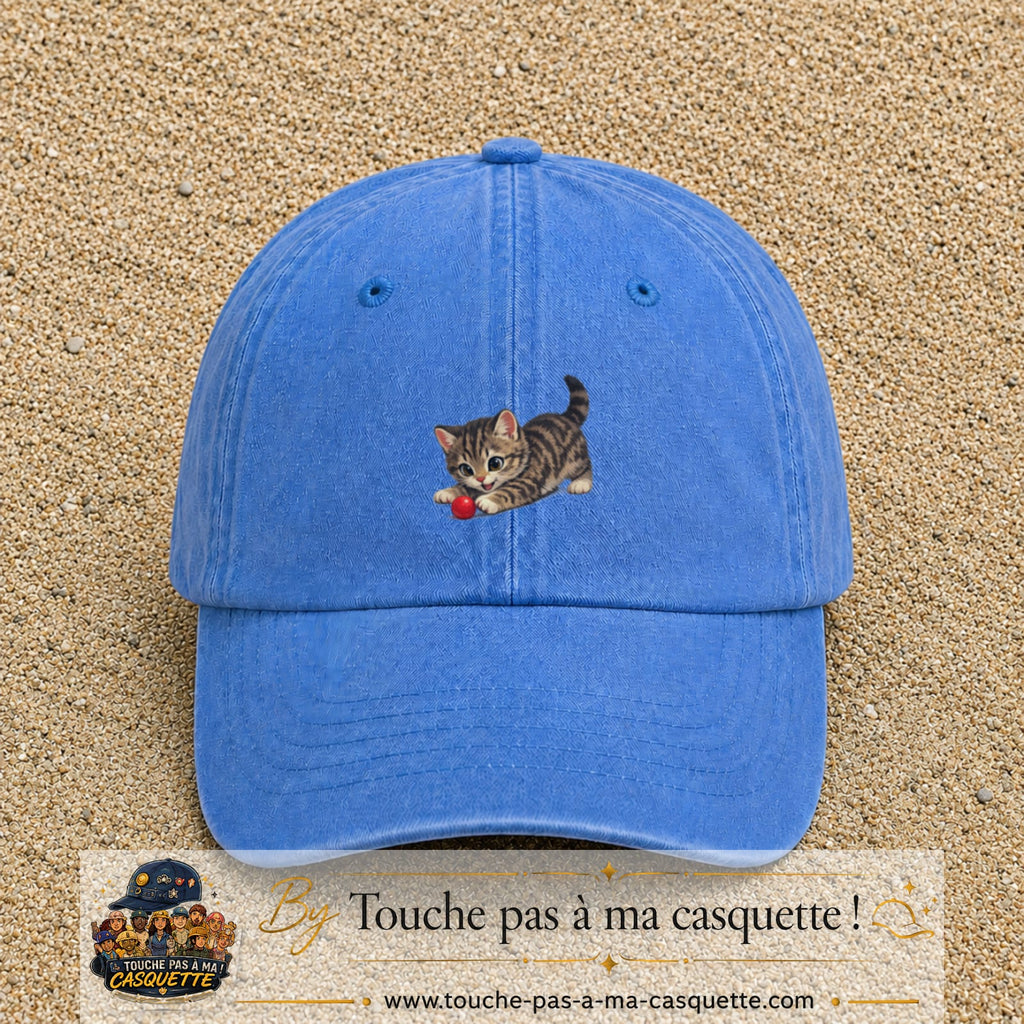 Casquette baseball Bleu ciel délavé 100% coton avec motif Chaton joueur 5 cm - image principale