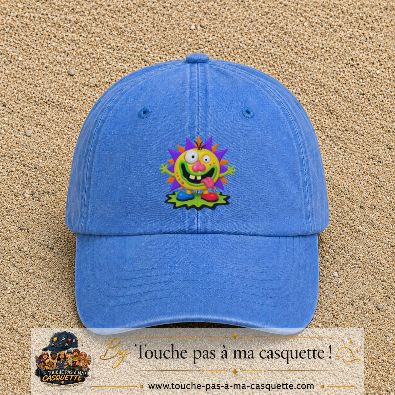 Casquette baseball Bleu ciel délavé 100% coton avec visuel Monstre rigolo 7 cm - image produit principale