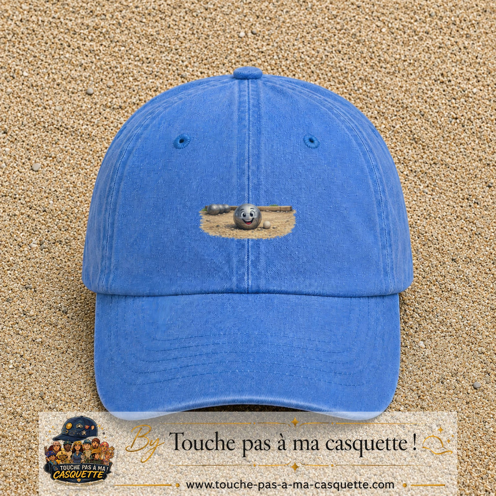 Casquette baseball Bleu ciel délavé 100% coton avec motif Boule de pétanque souriante 5 cm - image principale