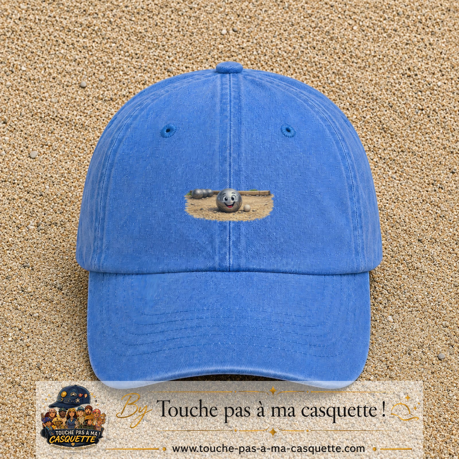 Casquette baseball Bleu ciel délavé 100% coton avec motif Boule de pétanque souriante 5 cm - image principale