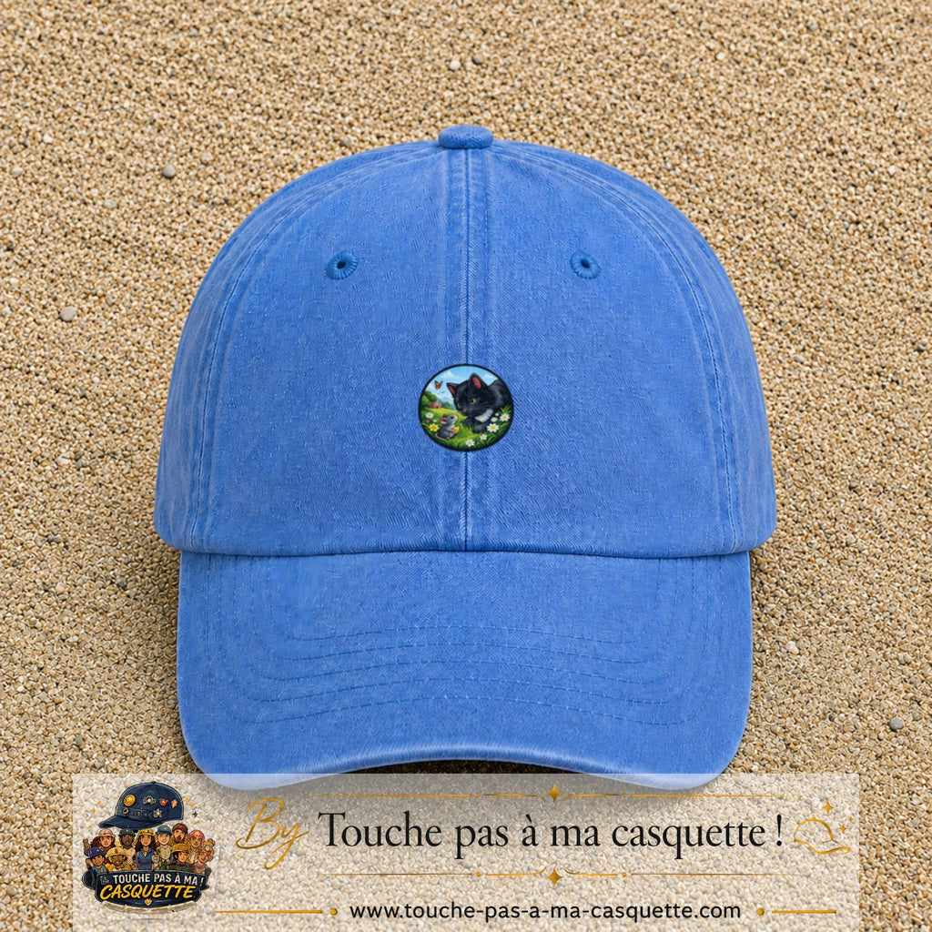 Casquette baseball Bleu ciel délavé 100% coton avec visuel Chat noir et souris 3 cm - image produit principale
