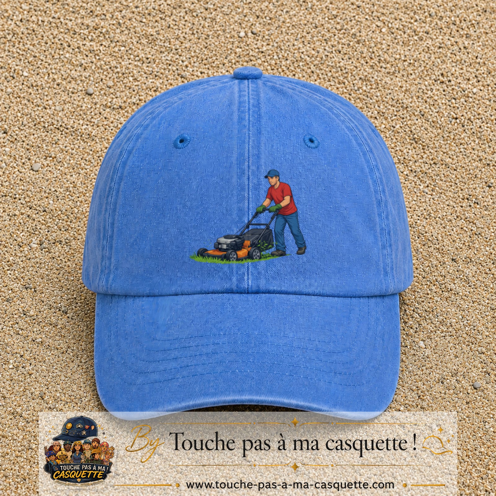 Casquette baseball Bleu ciel délavé 100% coton avec motif Jardinier avec tondeuse 7 cm - image principale
