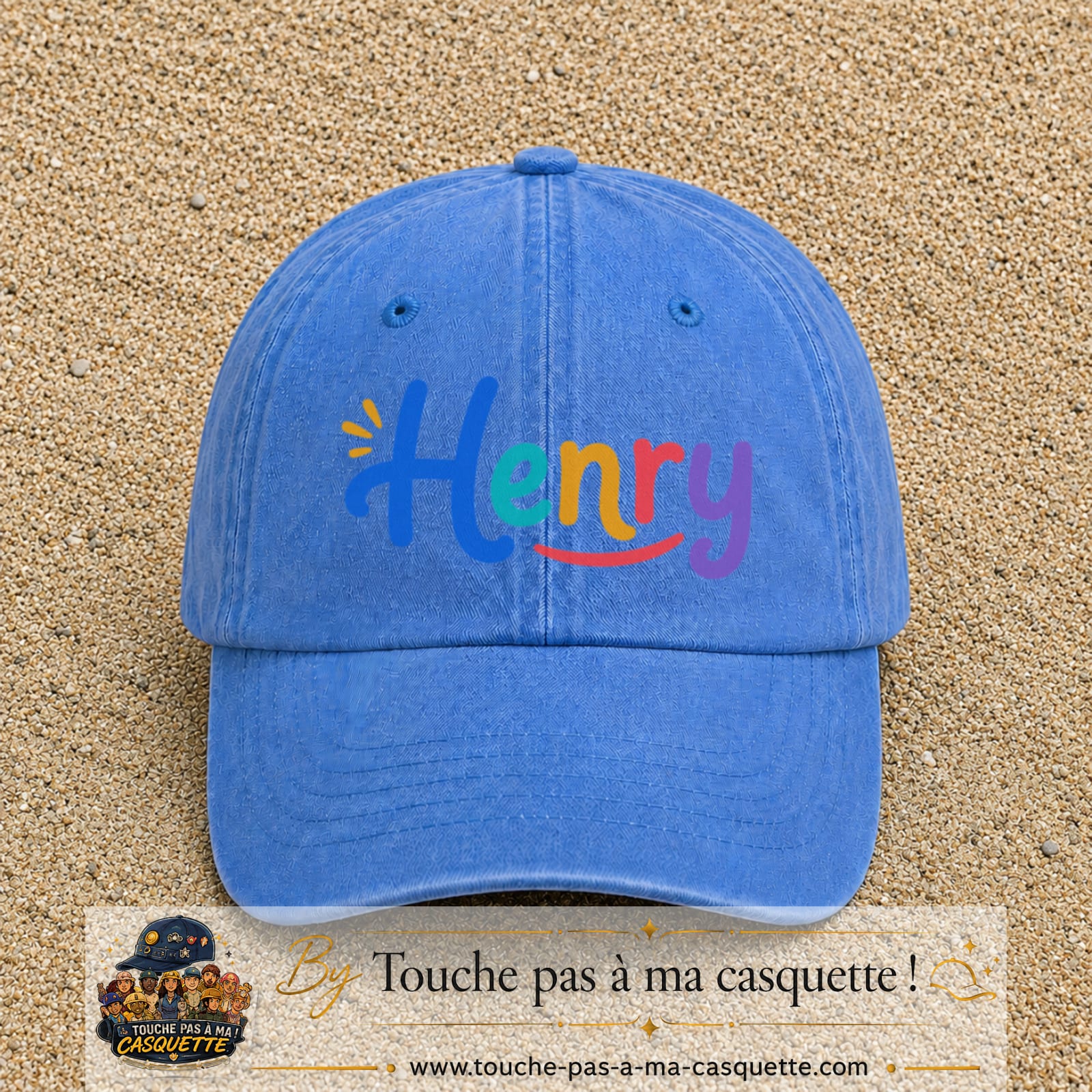 Casquette baseball Bleu ciel délavé 100% coton avec visuel Prénom Henry coloré 7 cm - image produit principale