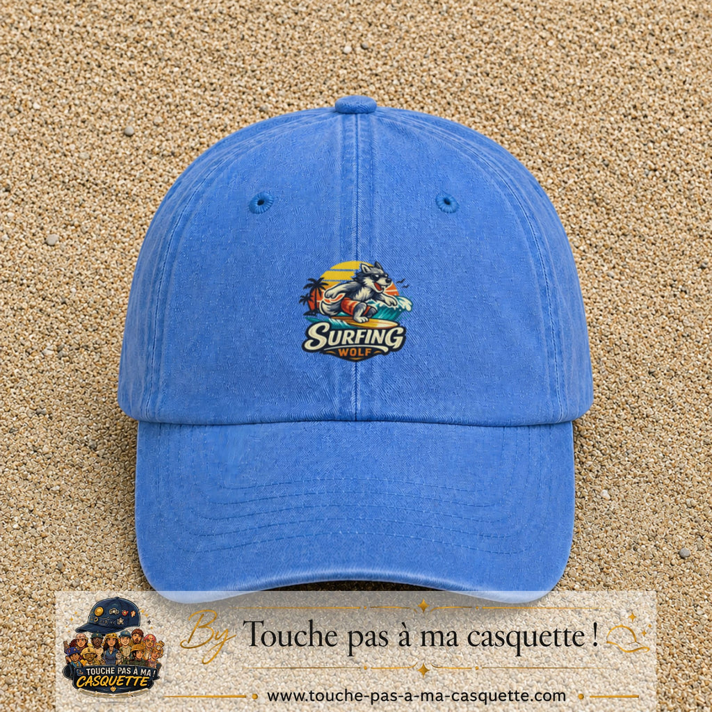 Casquette Bleu ciel délavé 100% coton avec motif Surfing Wolf 5 cm - image principale