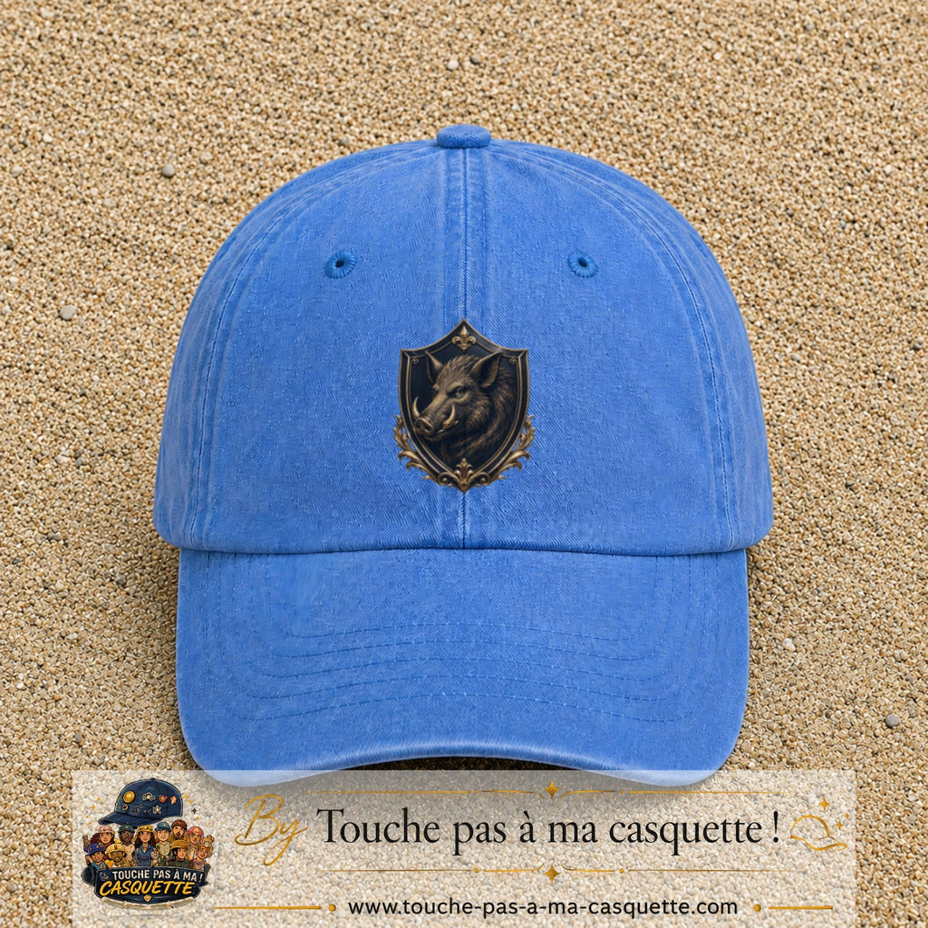 Casquette baseball Bleu ciel délavé 100% coton avec visuel Écusson sanglier 7 cm - image produit principale