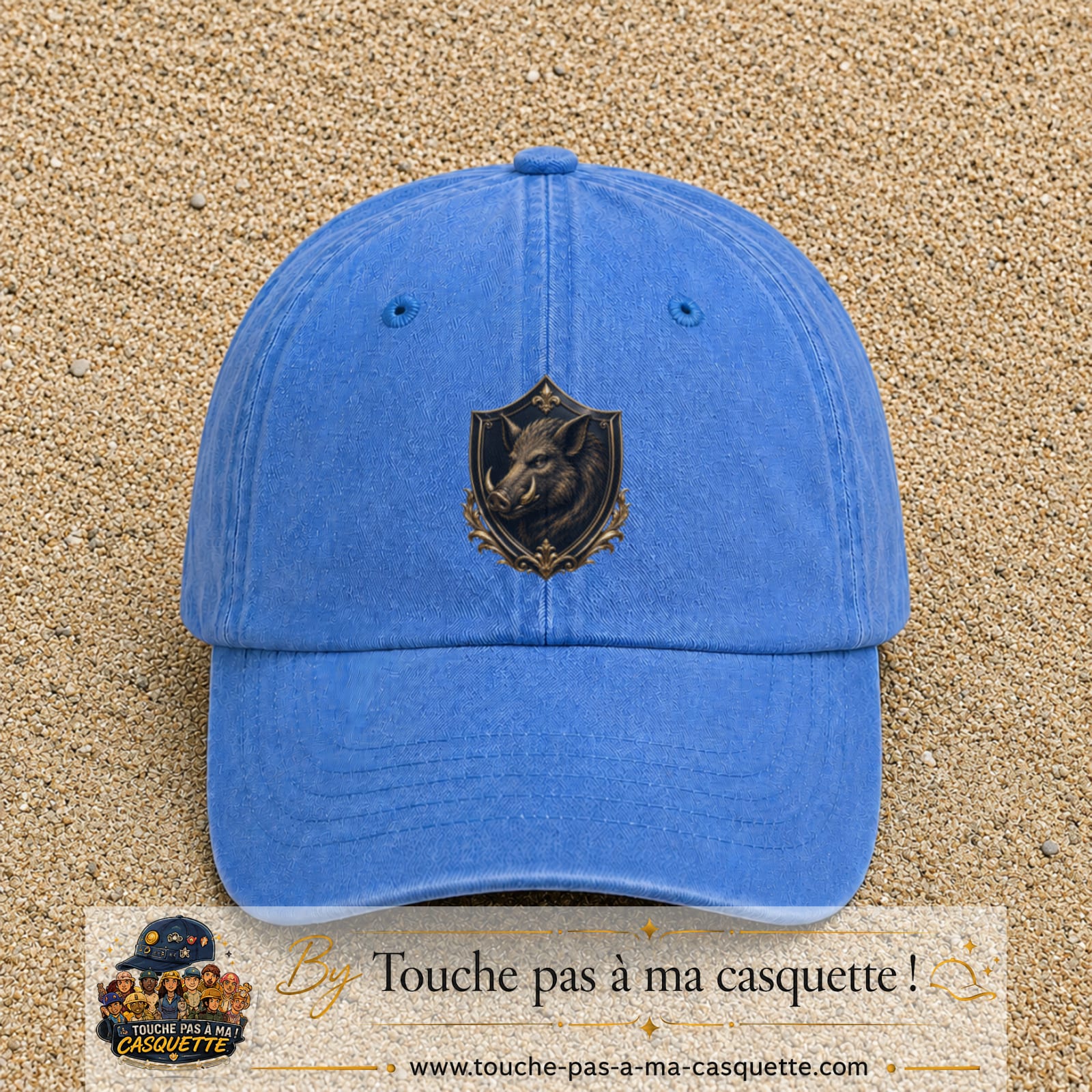 Casquette baseball Bleu ciel délavé 100% coton avec visuel Écusson sanglier 7 cm - image produit principale