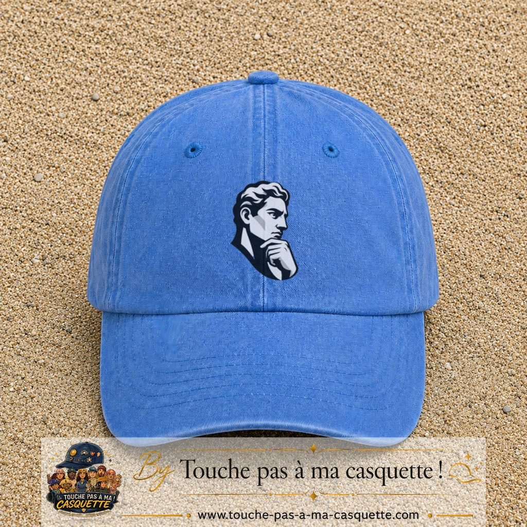 Casquette Bleu ciel délavé 100% coton avec motif Portrait homme penseur 7 cm - image principale