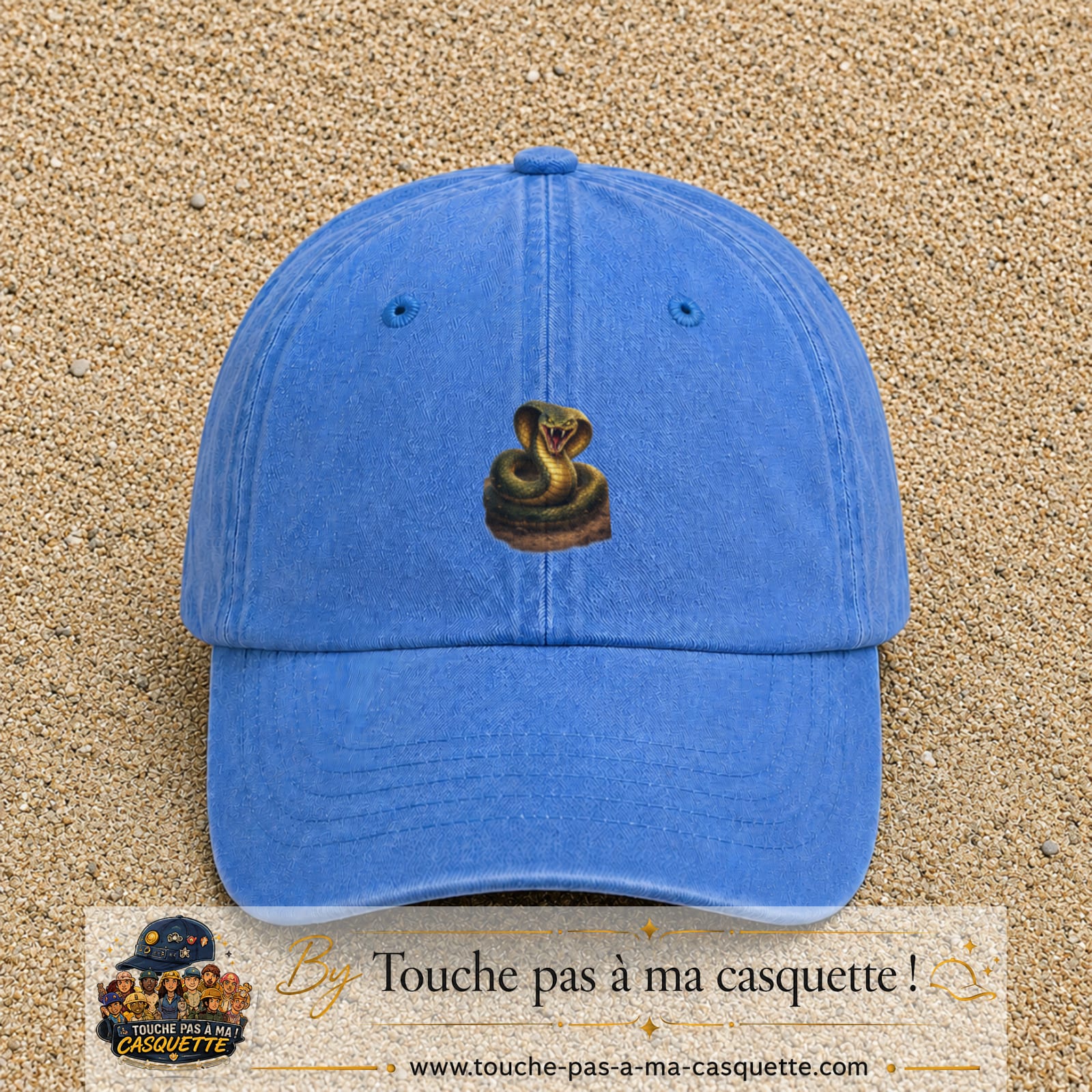 Casquette baseball Bleu ciel délavé 100% coton avec visuel Cobra réaliste 5 cm - image produit principale