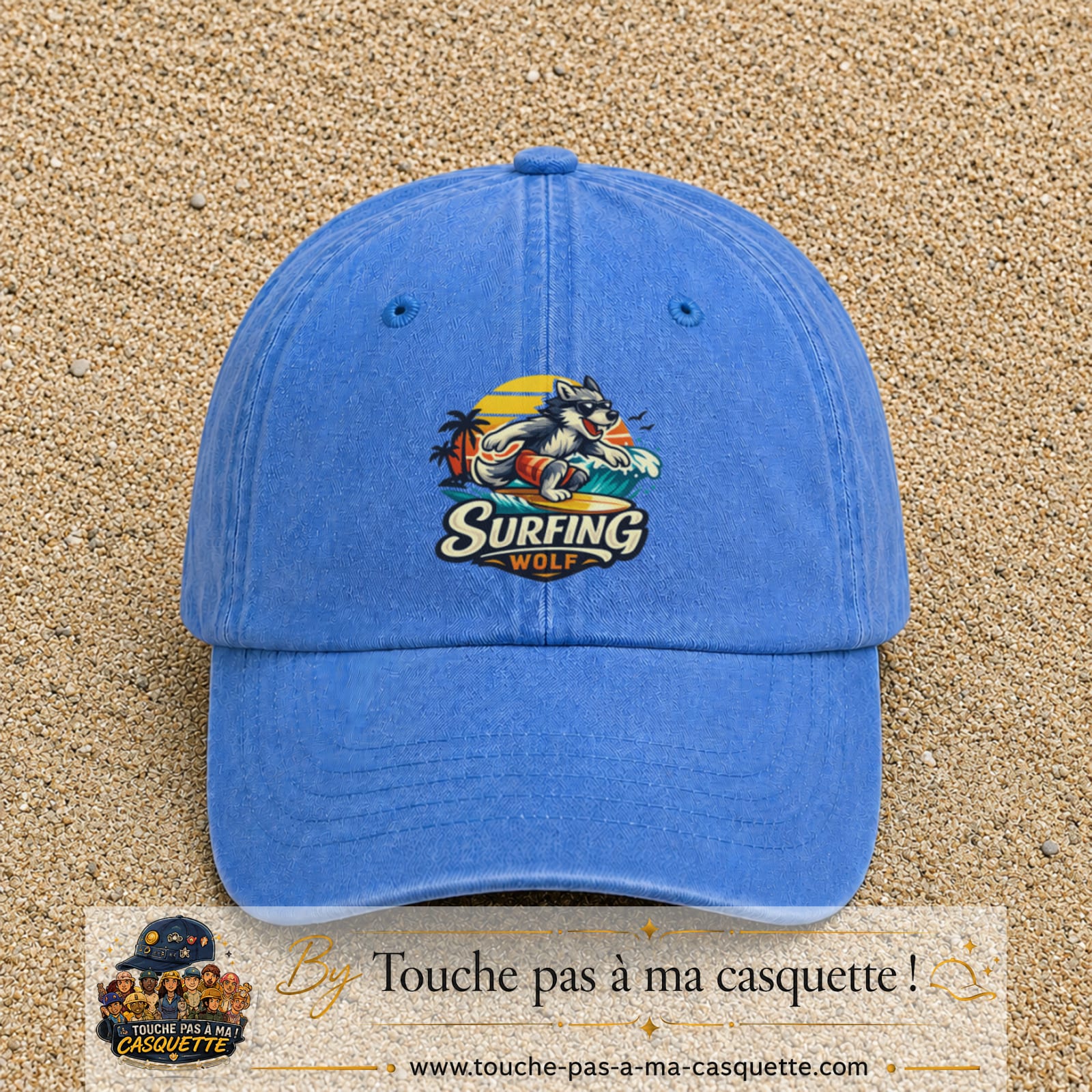 Casquette Bleu ciel délavé 100% coton avec motif Surfing Wolf 7 cm - image principale