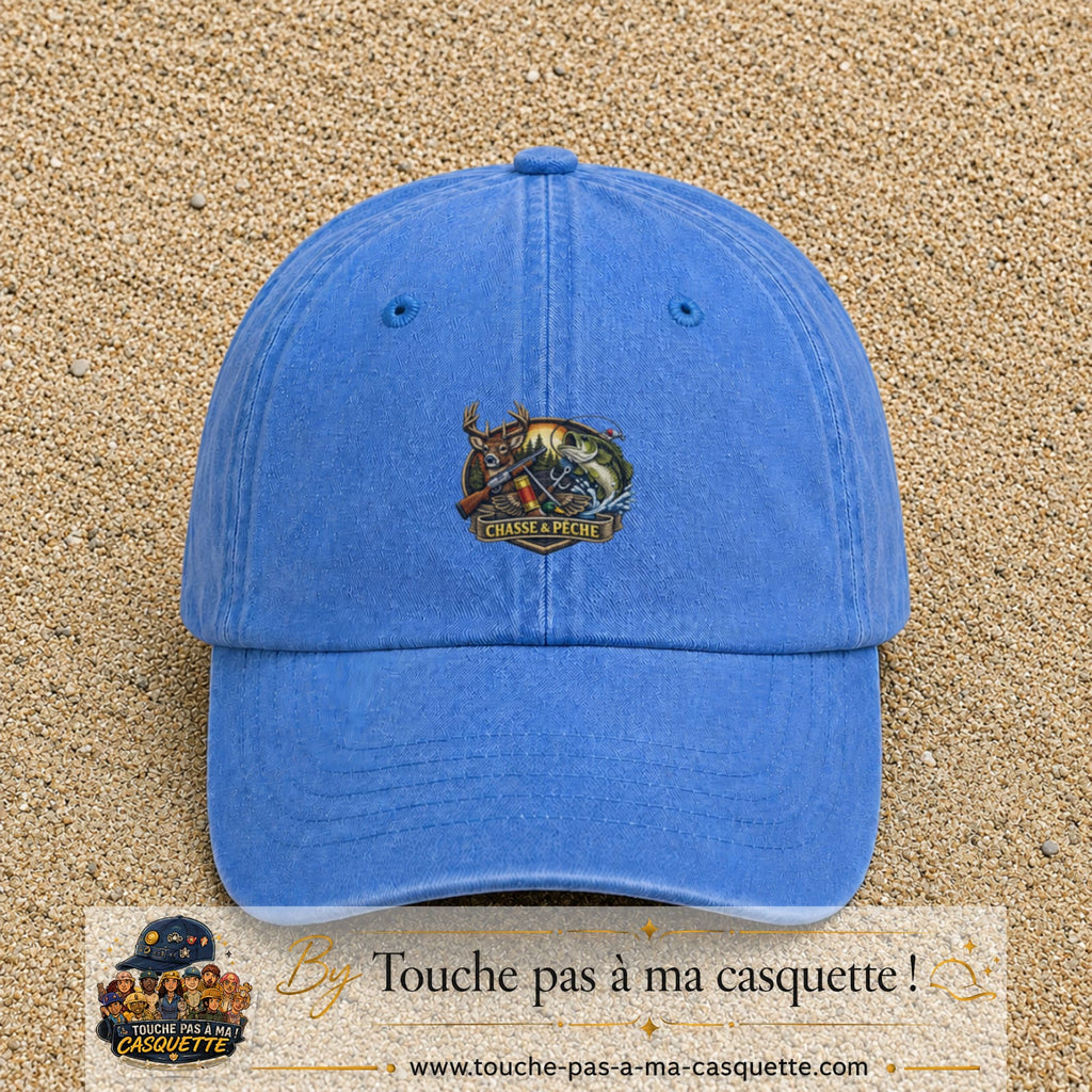 Casquette Bleu ciel délavé motif Chasse et pêche 5 cm - vue principale