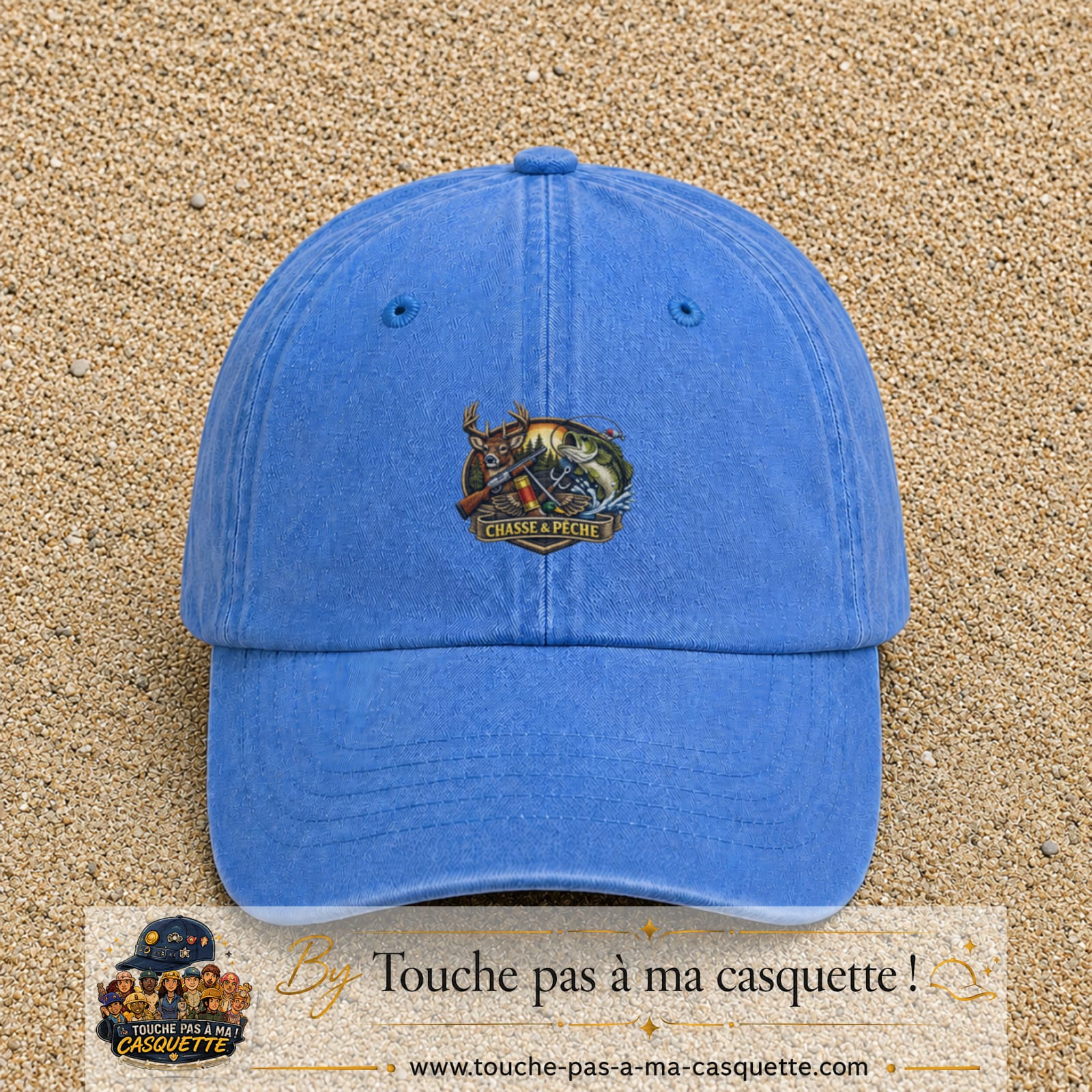 Casquette Bleu ciel délavé motif Chasse et pêche 5 cm - vue principale