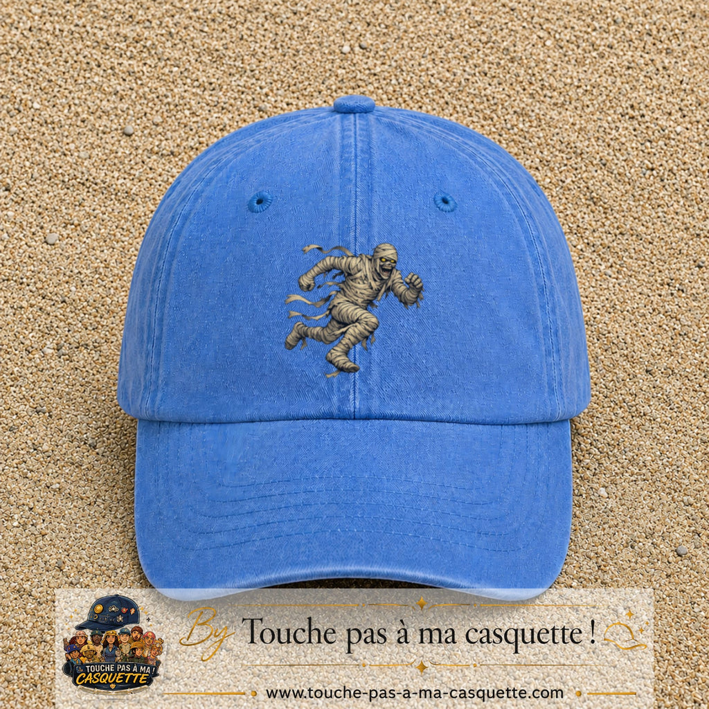 Casquette Bleu ciel délavé 100% coton avec motif Momie effrayante 7 cm - image principale