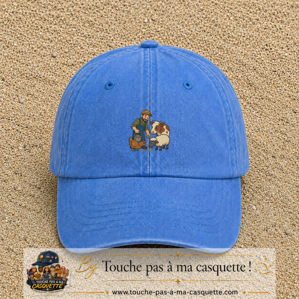 Casquette Bleu ciel délavé 100% coton avec motif Fermier et animaux 5 cm - image principale