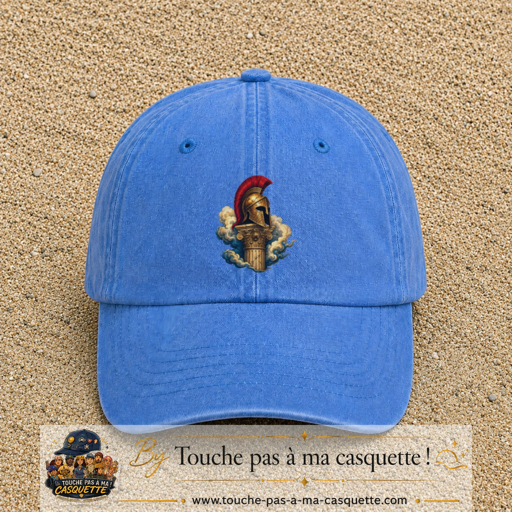 Casquette Bleu ciel délavé 100% coton avec motif Casque spartiate sur colonne 7 cm - image principale