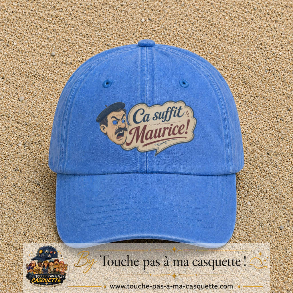 Casquette baseball Bleu ciel délavé 100% coton avec visuel Ça suffit Maurice avec personnage 7 cm - image produit principale