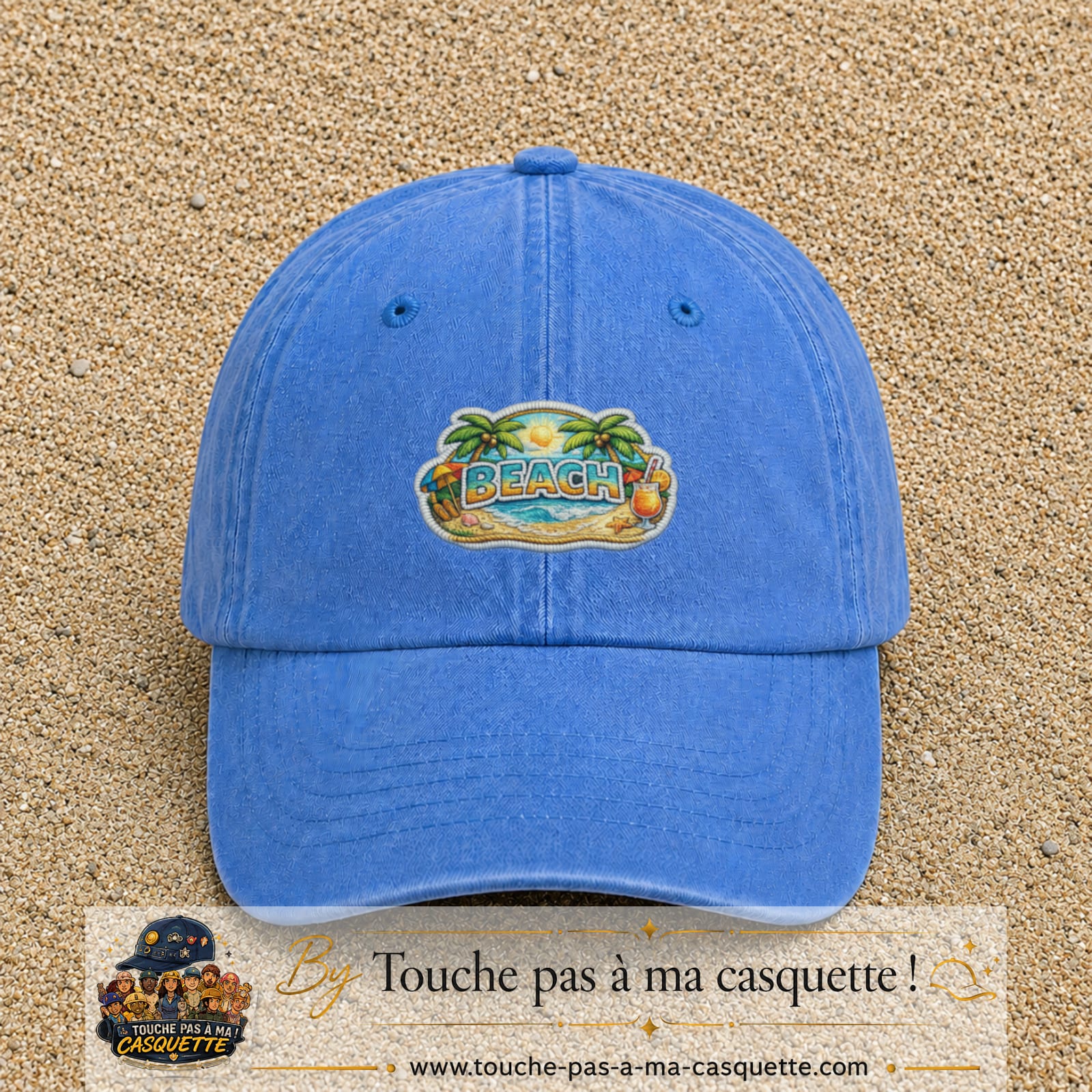 Casquette Bleu ciel délavé motif Plage tropicale Beach 5 cm - vue principale