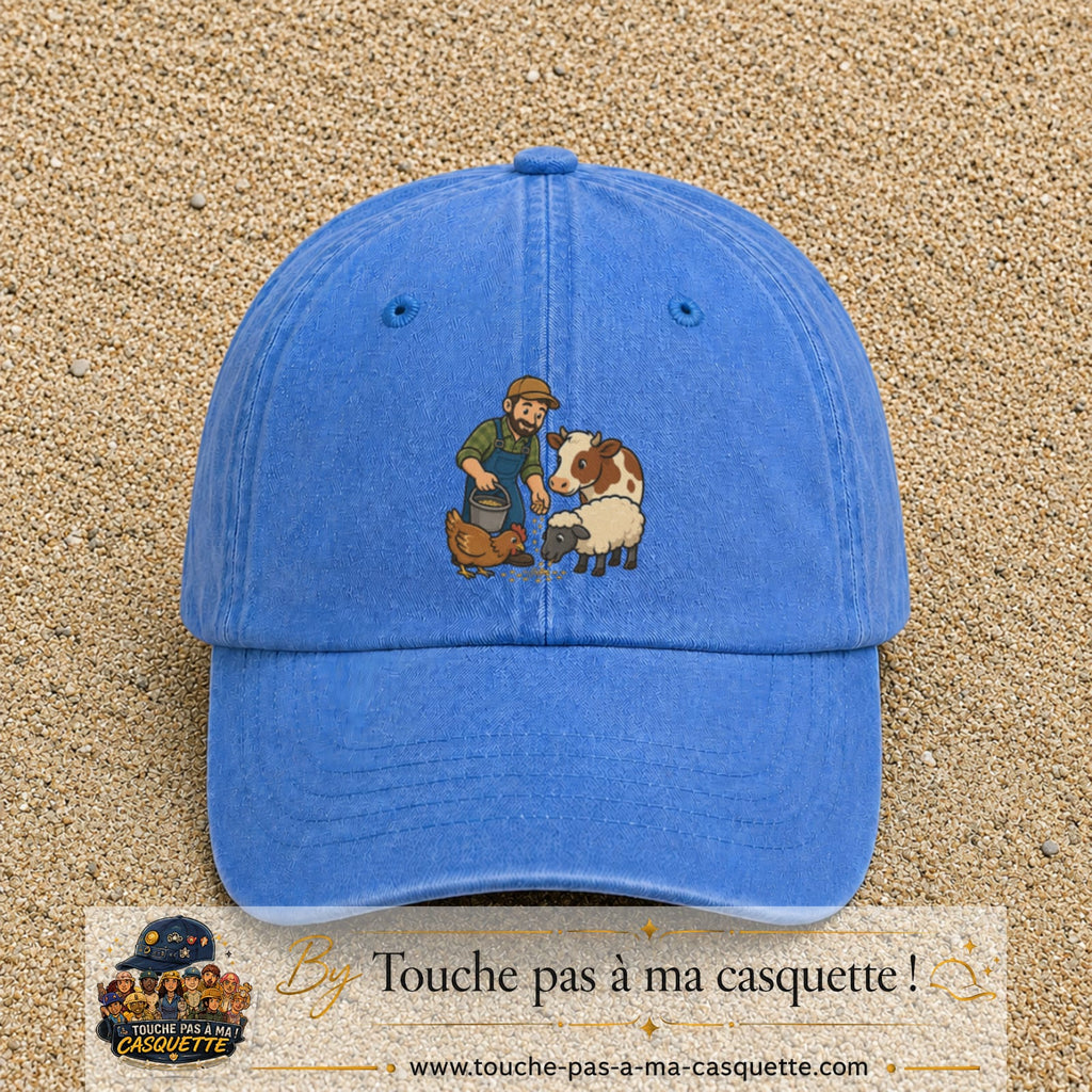 Casquette Bleu ciel délavé 100% coton avec motif Fermier et animaux 7 cm - image principale