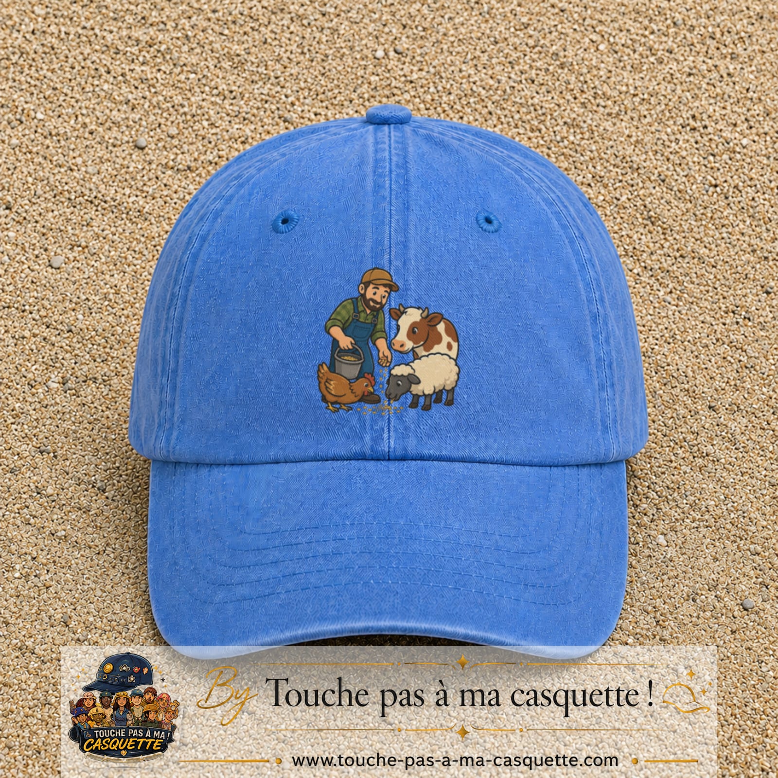 Casquette Bleu ciel délavé 100% coton avec motif Fermier et animaux 7 cm - image principale