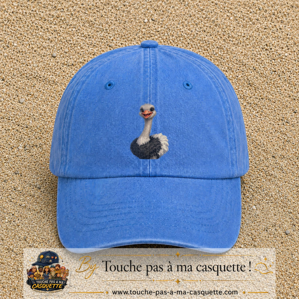 Casquette Bleu ciel délavé 100% coton avec motif Autruche souriante 7 cm - image principale