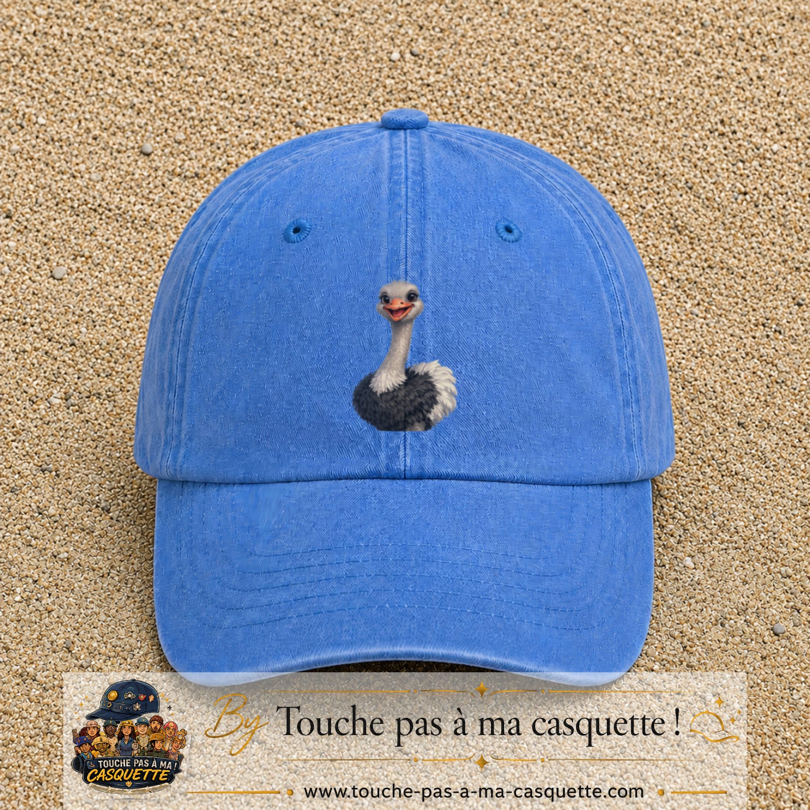 Casquette Bleu ciel délavé 100% coton avec motif Autruche souriante 7 cm - image principale