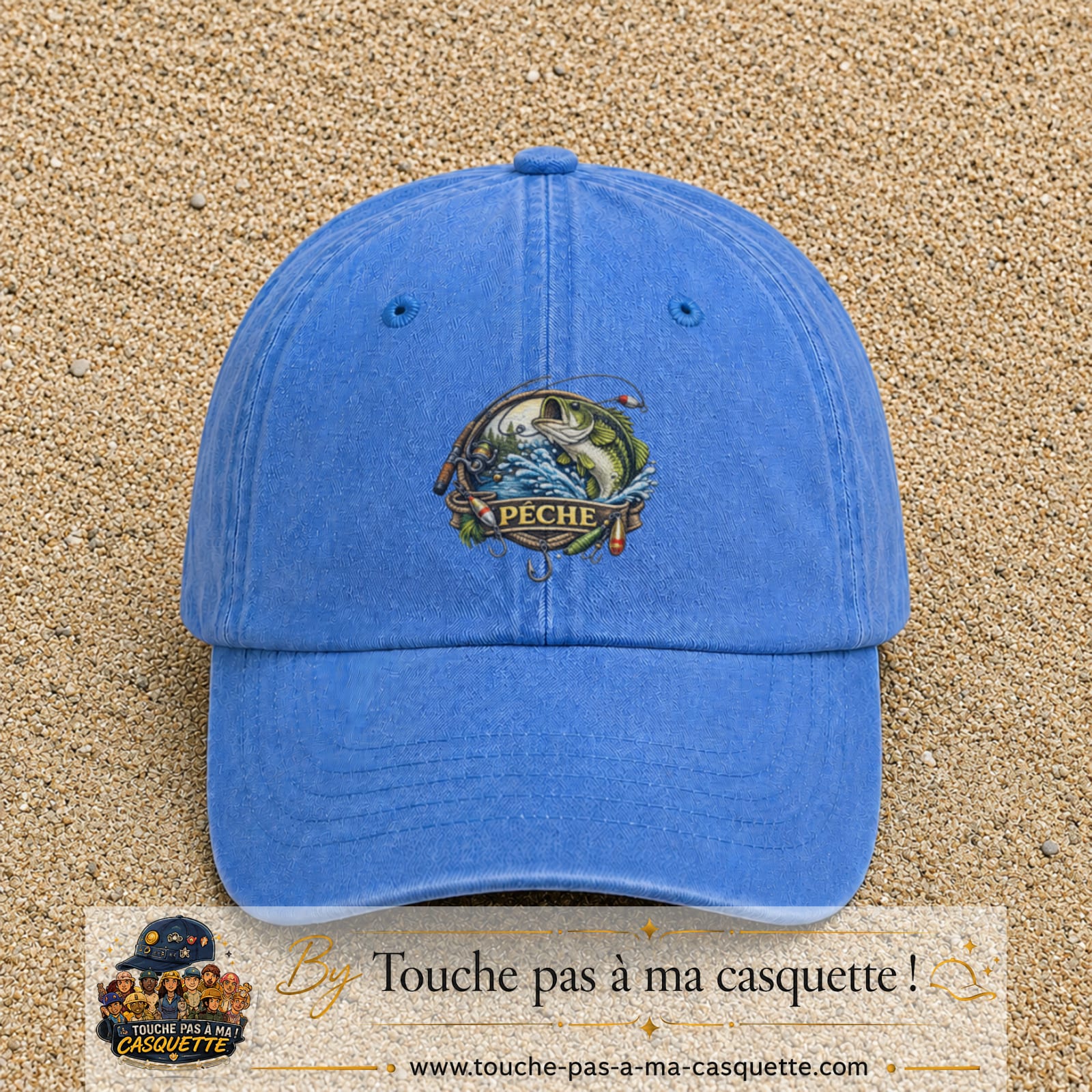 Casquette Bleu ciel délavé motif Pêche passion 7 cm - vue principale