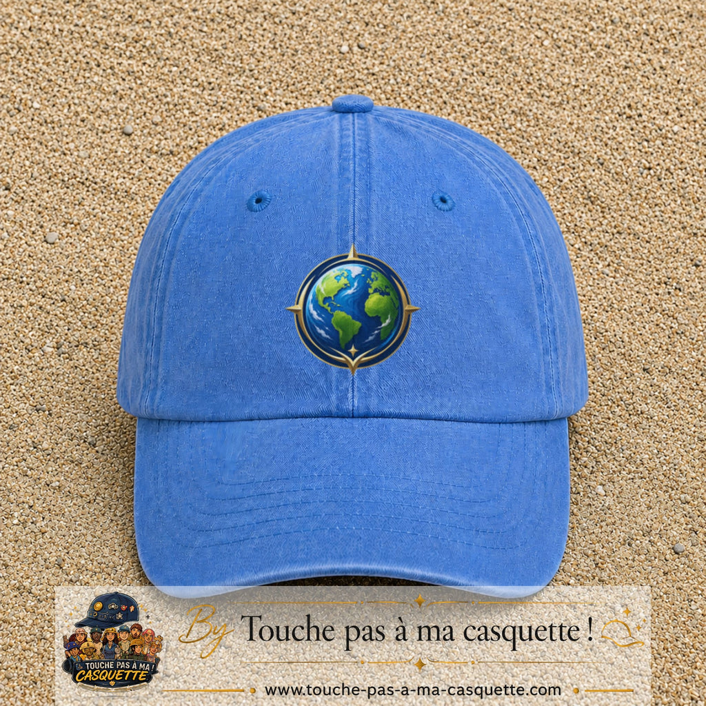 Casquette baseball Bleu ciel délavé 100% coton avec visuel Terre compas 7 cm - image produit principale