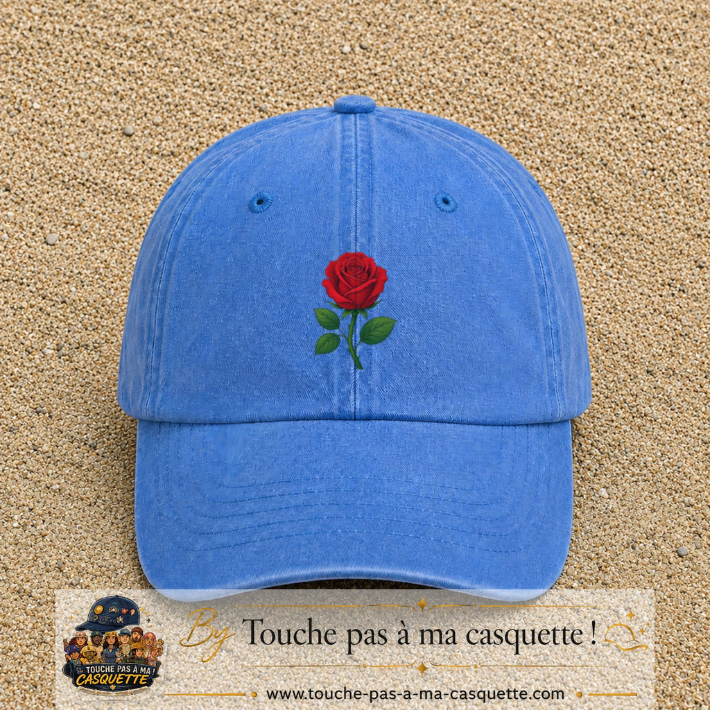 Casquette baseball Bleu ciel délavé 100% coton avec motif Fleur de rose 5 cm - image principale