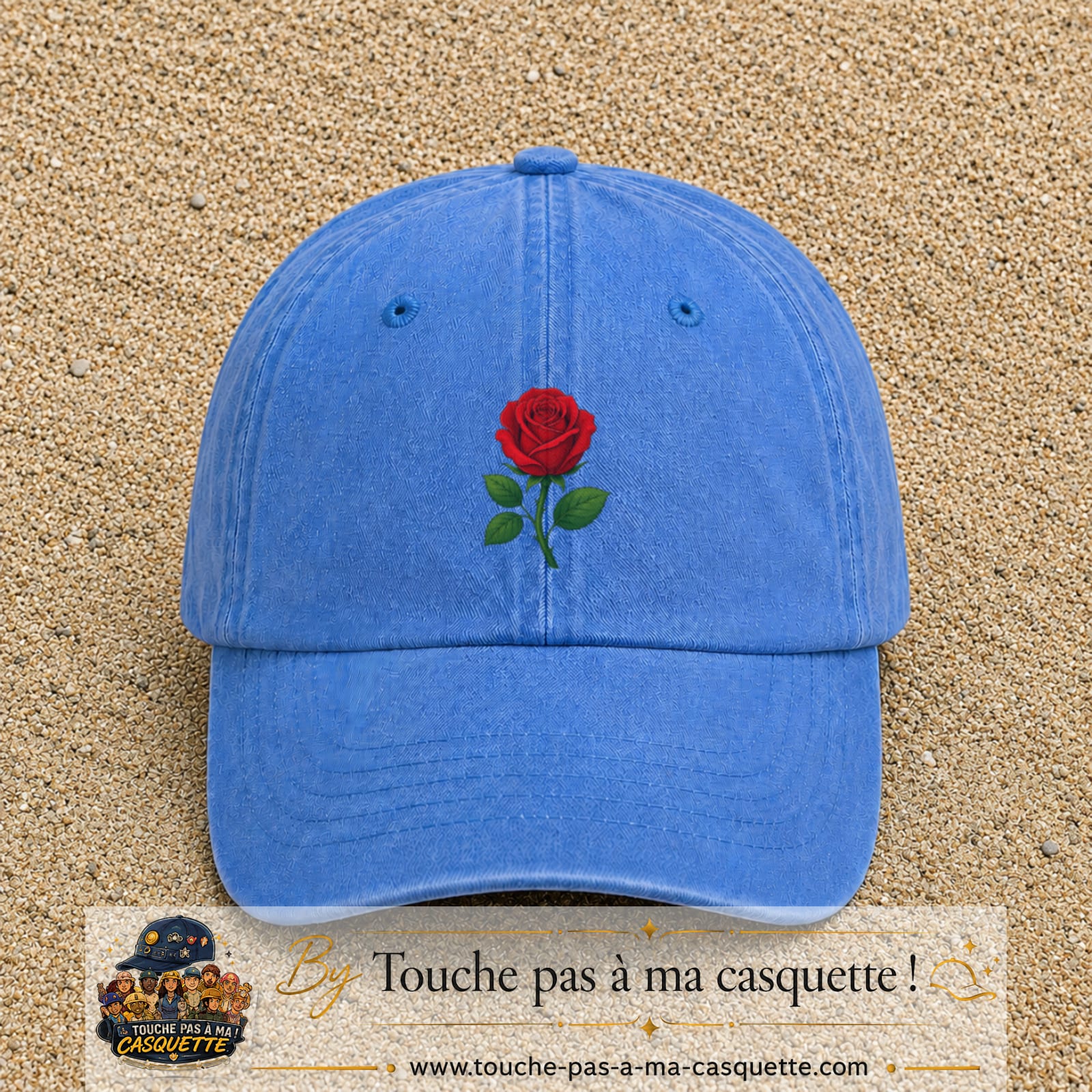 Casquette baseball Bleu ciel délavé 100% coton avec motif Fleur de rose 5 cm - image principale