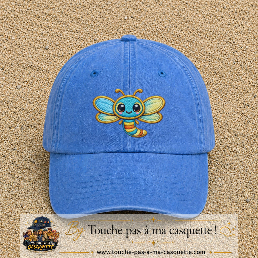 Casquette Bleu ciel délavé motif Libellule multicolore 7 cm - vue principale