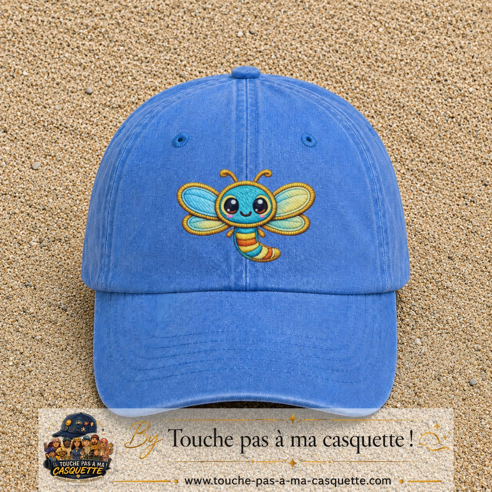 Casquette Bleu ciel délavé motif Libellule multicolore 7 cm - vue principale