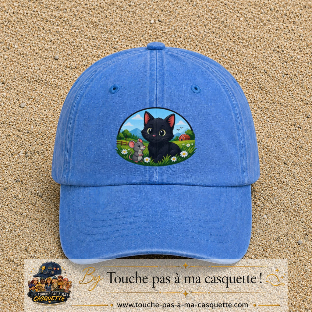 Casquette baseball Bleu ciel délavé 100% coton avec visuel Chat et souris à la ferme 7 cm - image produit principale