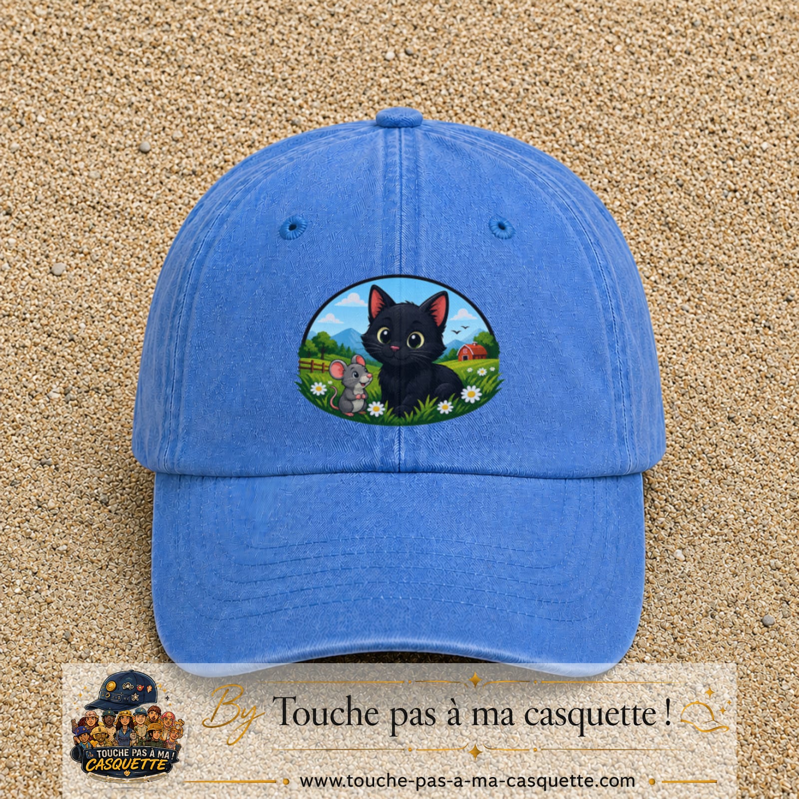 Casquette baseball Bleu ciel délavé 100% coton avec visuel Chat et souris à la ferme 7 cm - image produit principale