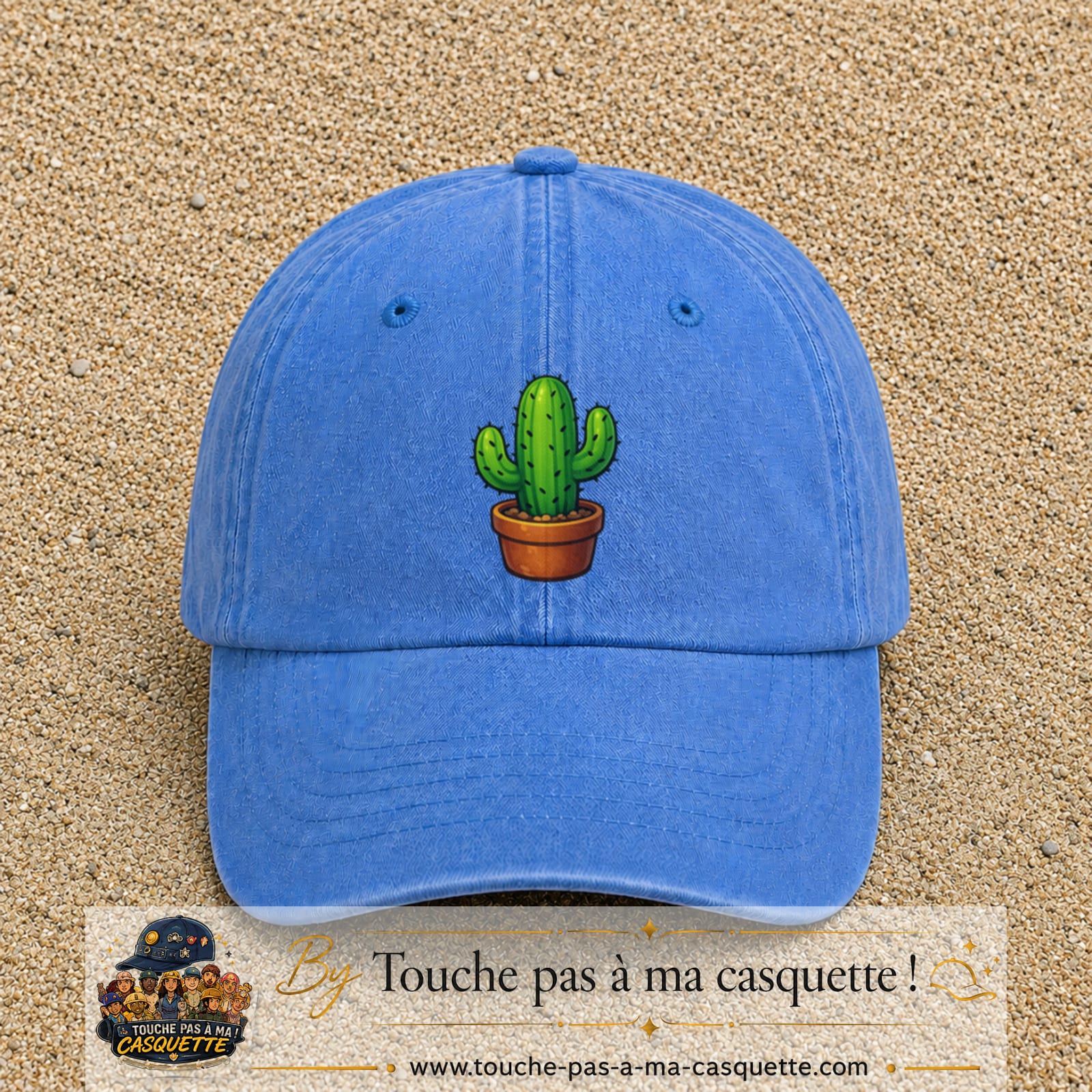 Casquette baseball Bleu ciel délavé 100% coton avec visuel Cactus en pot 7 cm - image produit principale
