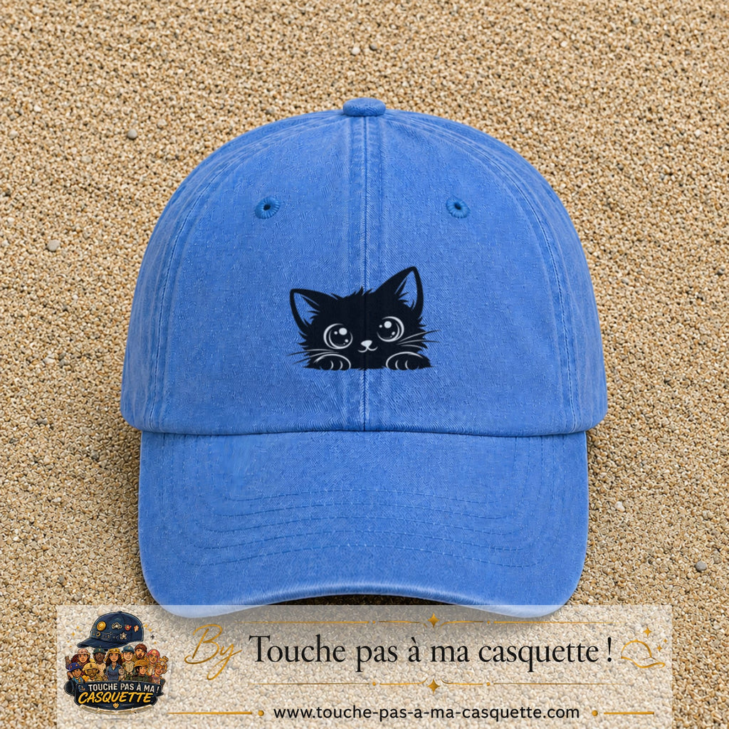 Casquette baseball Bleu ciel délavé 100% coton avec visuel Chaton noir kawaii 5 cm - image produit principale