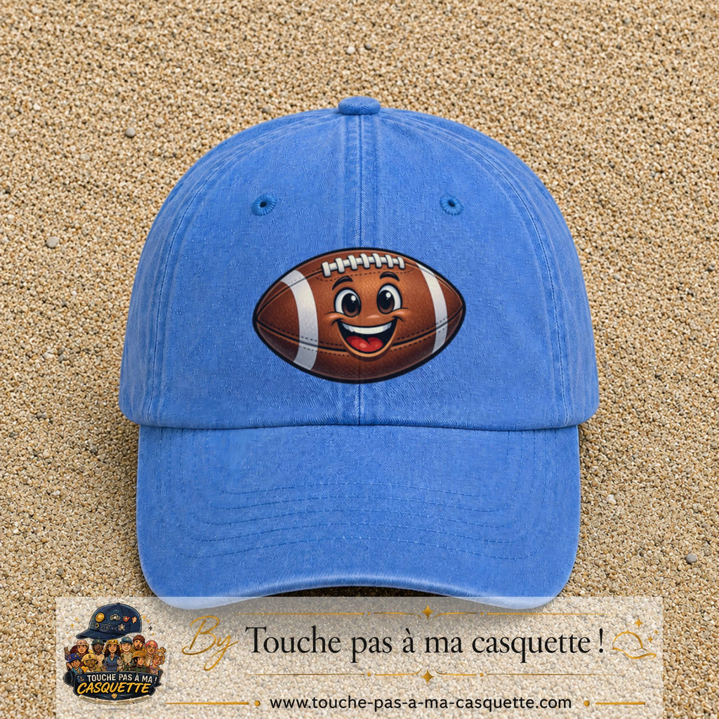 Casquette Bleu ciel délavé 100% coton avec motif Ballon de rugby sourire 7 cm - image principale