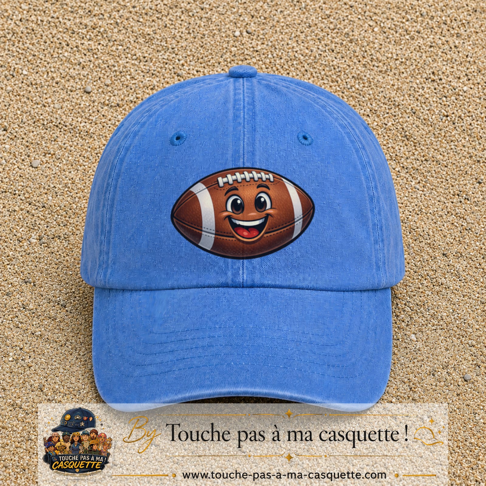 Casquette Bleu ciel délavé 100% coton avec motif Ballon de rugby sourire 7 cm - image principale