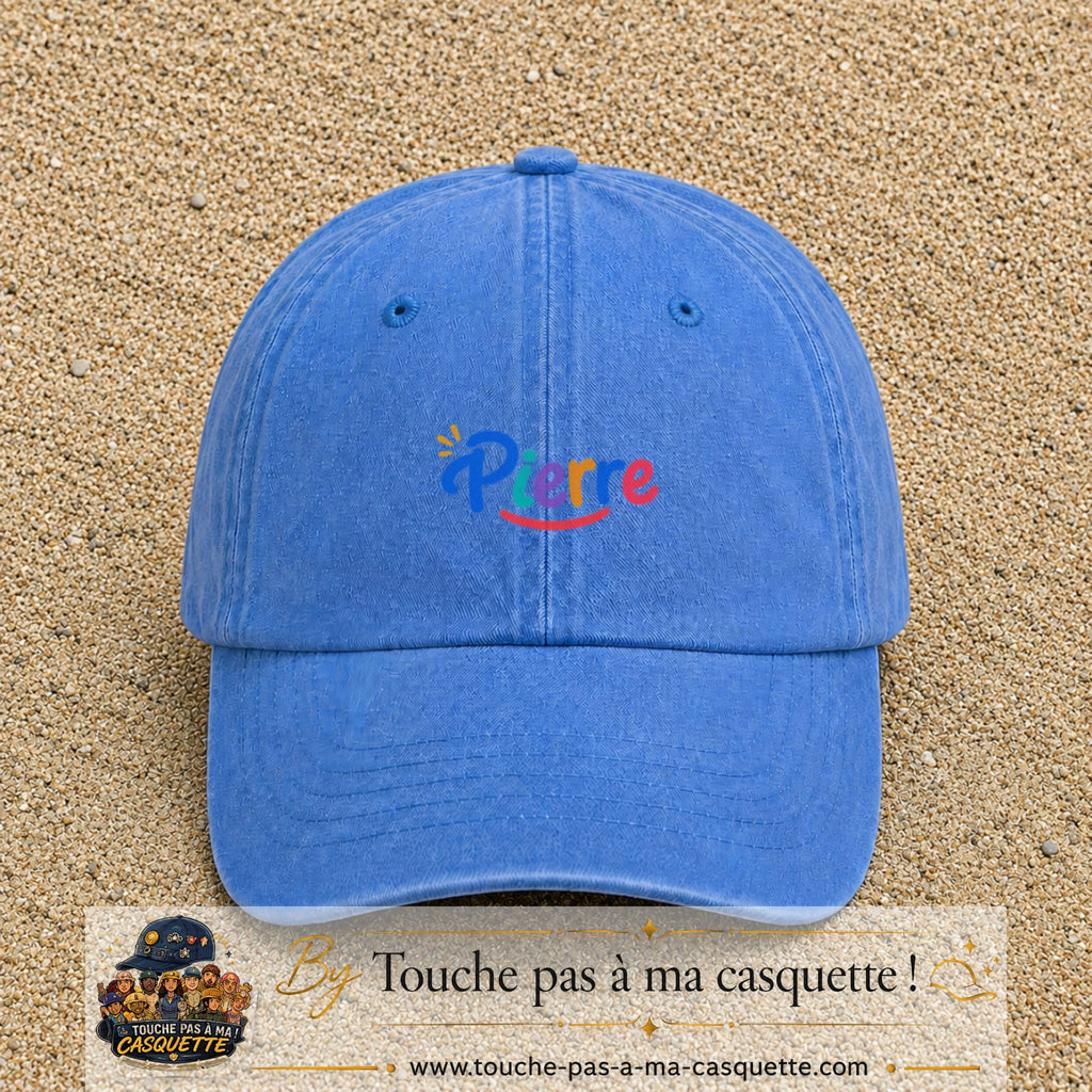 Casquette baseball Bleu ciel délavé 100% coton avec visuel Prénom Pierre coloré 3 cm - image produit principale