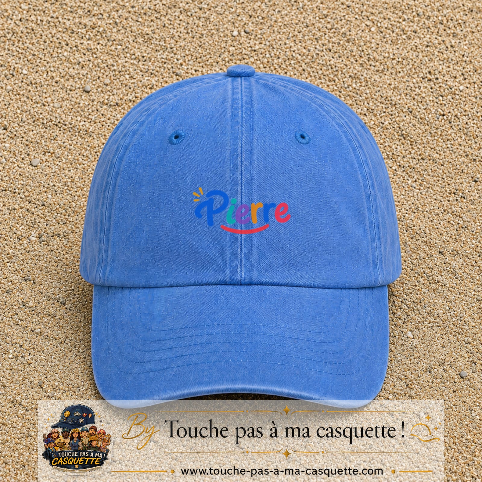 Casquette baseball Bleu ciel délavé 100% coton avec visuel Prénom Pierre coloré 3 cm - image produit principale