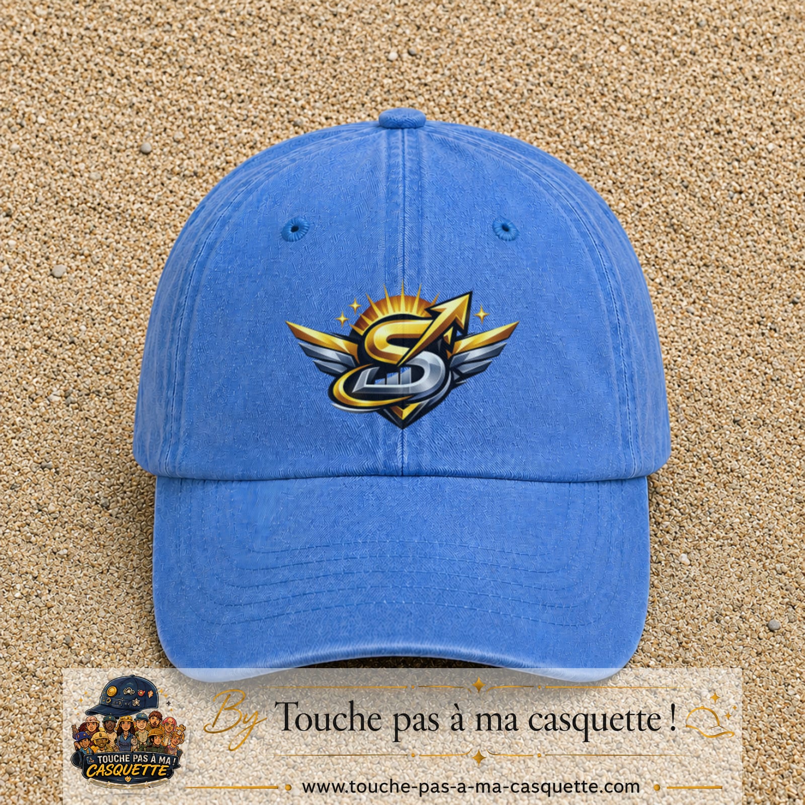 Casquette baseball Bleu ciel délavé 100% coton avec visuel Éclair ailé sport 7 cm - image produit principale