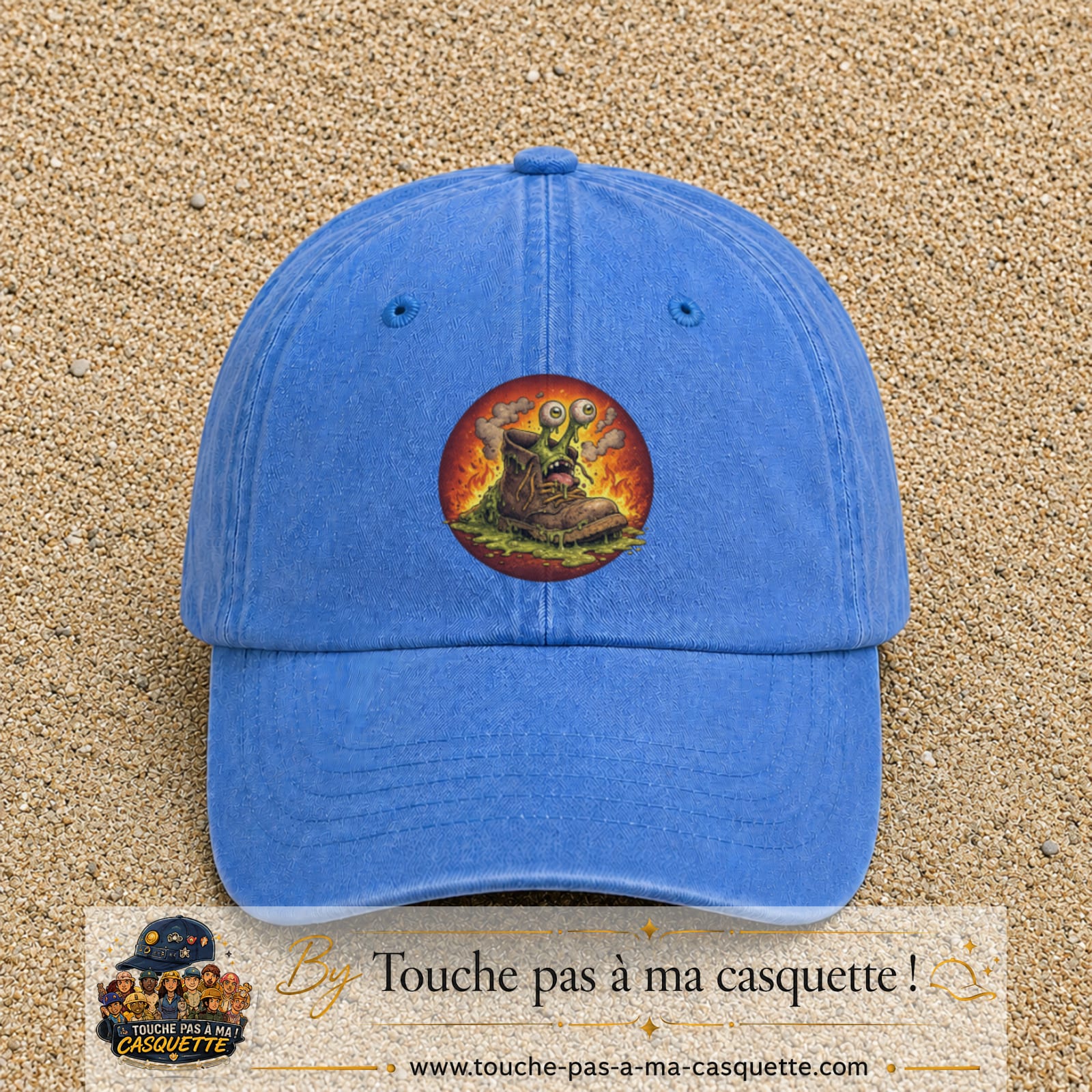 Casquette baseball Bleu ciel délavé 100% coton avec visuel Chaussure monstre 7 cm - image produit principale