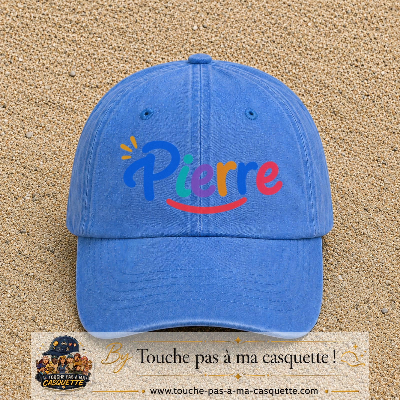 Casquette baseball Bleu ciel délavé 100% coton avec visuel Prénom Pierre coloré 7 cm - image produit principale